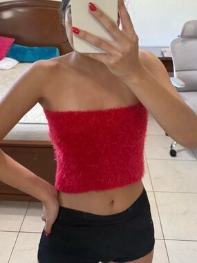 Seven7 Red Fuzzy Strapless Tube Crop Top